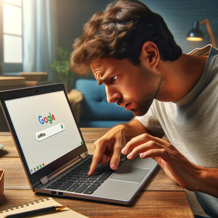 (Here is the image for the article about the Chromebook delete key. It illustrates a person sitting in front of a Chromebook laptop, looking slightly puzzled while examining the keyboard, which captures the essence of adapting to the unique keyboard layout of a Chromebook. Here is the image for the article about the Chromebook delete key. It illustrates a person sitting in front of a Chromebook laptop, looking slightly puzzled while examining the keyboard, which captures the essence of adapting to the unique keyboard layout of a Chromebook)