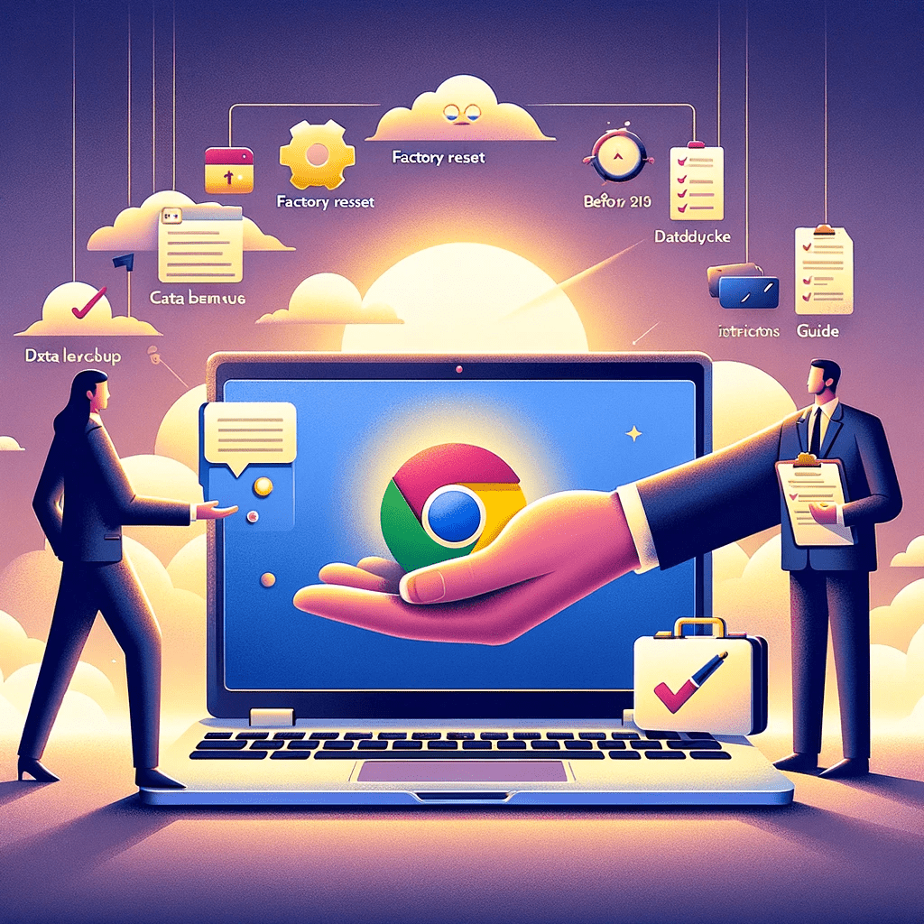 The image has been created to visually represent the process of changing ownership of a Chromebook, illustrating key elements such as the factory reset interface, the transfer of the device between two individuals, and symbols for data backup and step-by-step instructions.